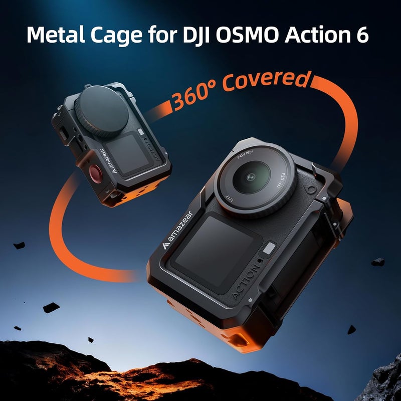 AMAZEAR Metal Protective Case for DJI Osmo Action 6 Accessories, Action6 Pro Multifunction Utility Frame Cage, Stronger Aluminum Housing Hard Cover with Soft Silicone Lens Caps, Black - Image 2